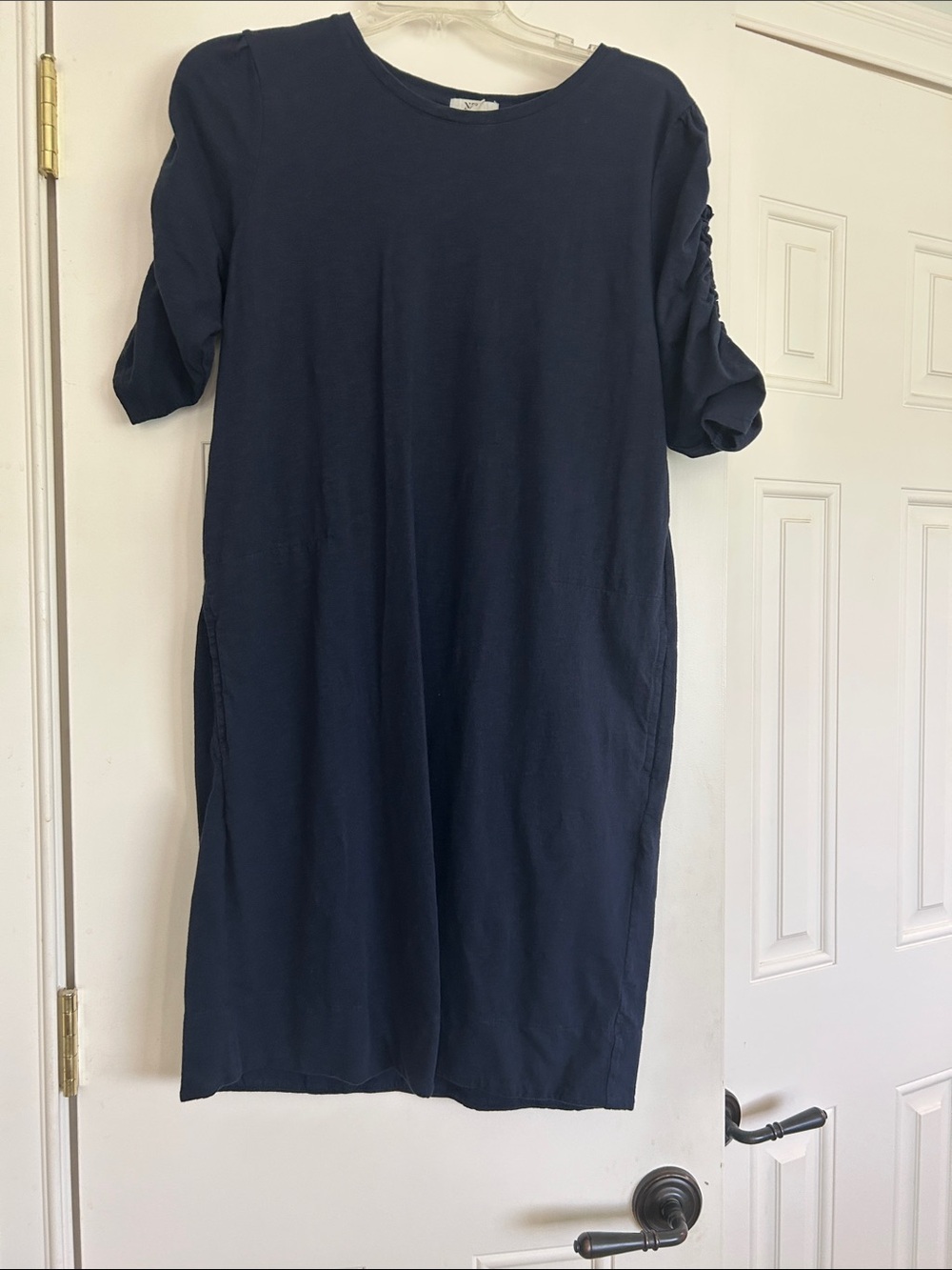 NZXT Navy Midi Shift Dress with Short Ruched Sleeves